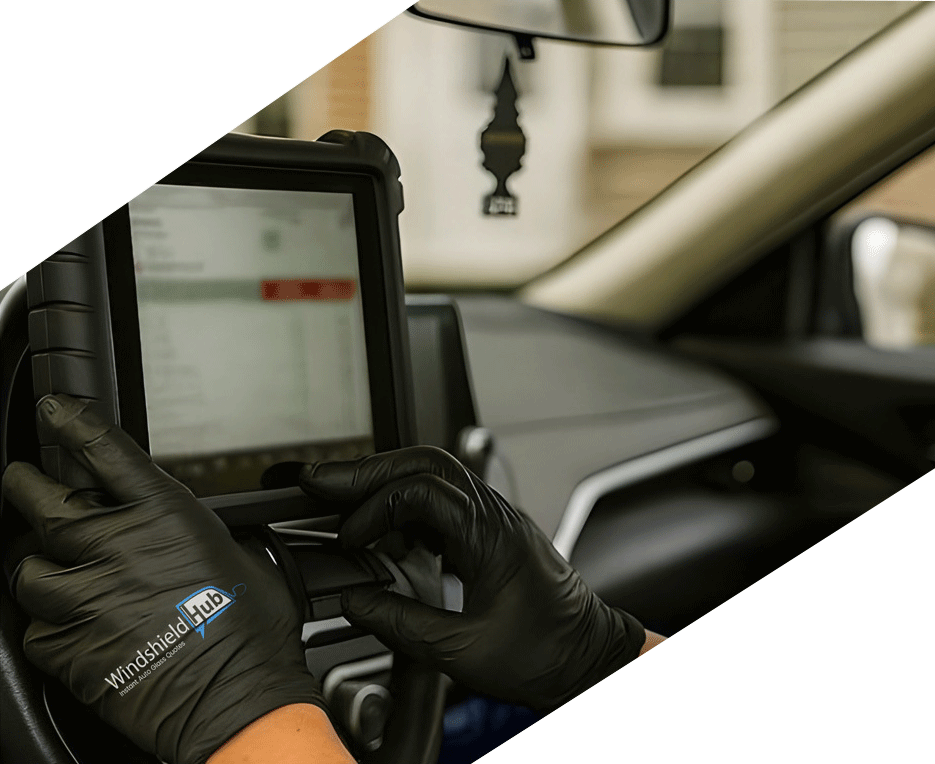 WindshieldHUB technician performing mobile ADAS calibration  using a diagnostic tablet inside a customer's vehicle