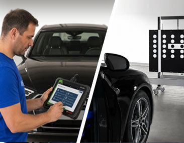 Technician completing dual ADAS calibration with target setup and post-drive verification scan