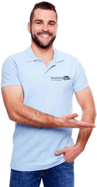 Man in blue polo shirt with 'Windshield Hub' company branding gesturing with his hands_