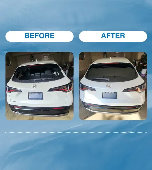 Before and after of a Honda CR-V back glass replacement, shattered rear window repaired by WindshieldHUB in Palm Beach