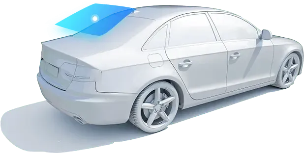 A digital rendering of a white car from the rear right, highlighting a sensor on the rear windshield and roof