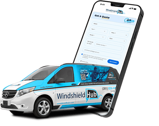 WindshieldHUB service van parked in a residential driveway, displaying the company's branding and contact information