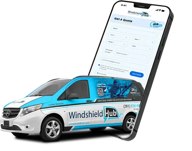 WindshieldHUB service van parked in a residential driveway, displaying the company's branding and contact information