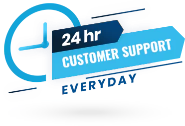 Blue graphic with a clock icon and text reading 24 hr CUSTOMER SUPPORT