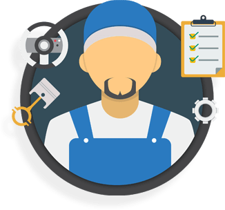 Illustration of a mechanic with a blue cap and overalls surrounded by icons of a steering wheel, piston, gear, and a checklist clipboard