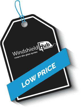 Price tag with 'WindshieldHUB instant auto glass quotes' and 'LOW PRICE' on a blue ribbon