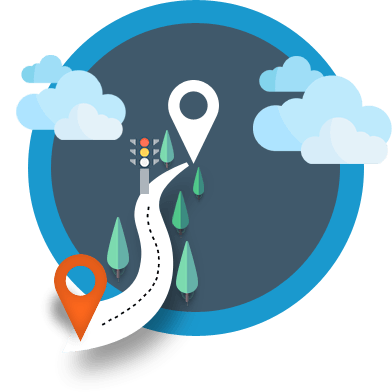 Illustration of a winding road with location pins and a traffic light surrounded by trees and clouds. The scene suggests navigation or a journey set against a circular dark background