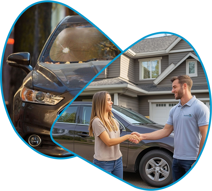 Cracked windshield before replacement and satisfied customer after mobile service in Redondo Beach