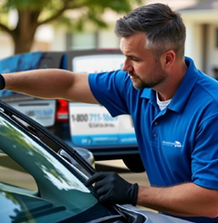 Certified technician setting a new windshield during mobile auto glass service in Redondo Beach