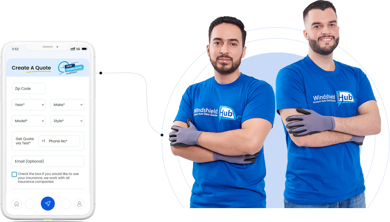 Two WindshieldHUB technicians ready for mobile windshield replacement service and WindshieldHUB mobile quote form on a phone screen in Redondo Beach
